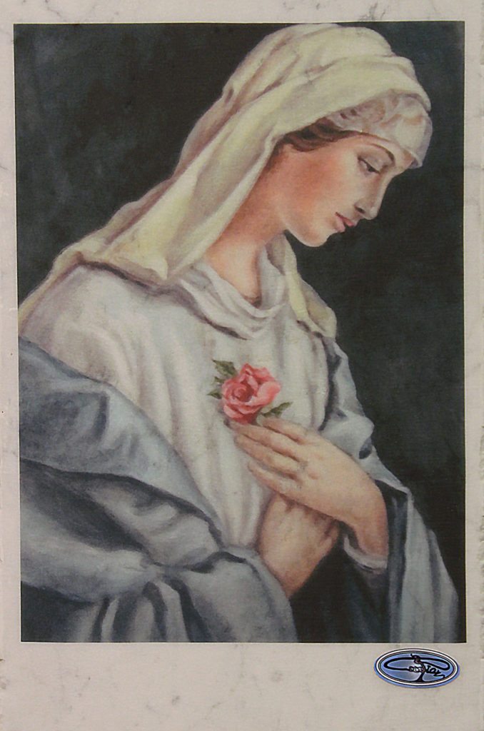 Riproduzioni e Decorazioni digitali su pietra immagine sacra di Maria su lastra marmo di Carrara